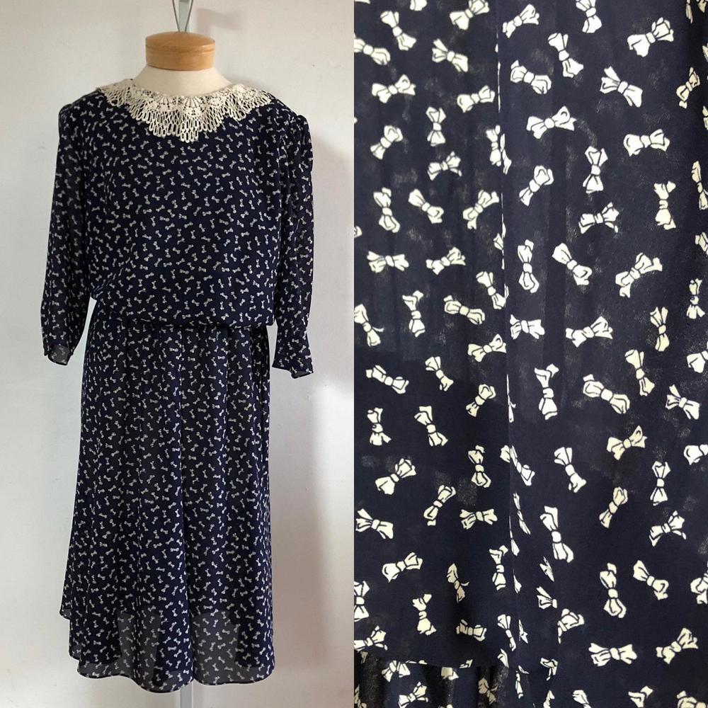 Vintage Dark Blue Bow Print Dress by JP Dresses - Retro 80s Collared Blue Dress